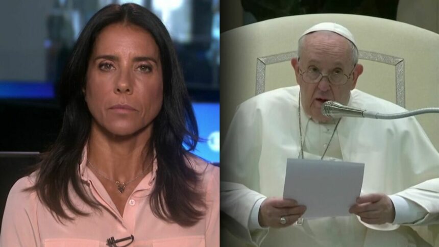 Jornalista Mônica Teixeira na redação da Globo divide tela com o Papa Francisco