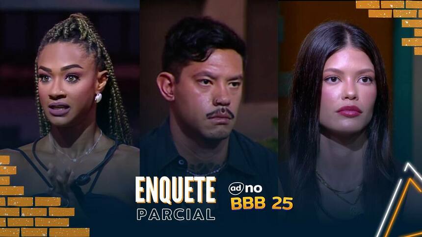 Aline assustada, Gabriel com semblante sério e Vitória Strada com semblante sério no Sincerão do BBB 25 e em montagem da Enquete