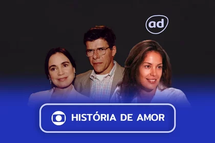 Protagonistas de História de Amor sorridentes na arte do resumo da novela