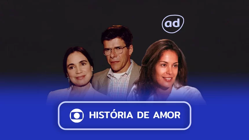 Protagonistas de História de Amor sorridentes na arte do resumo da novela