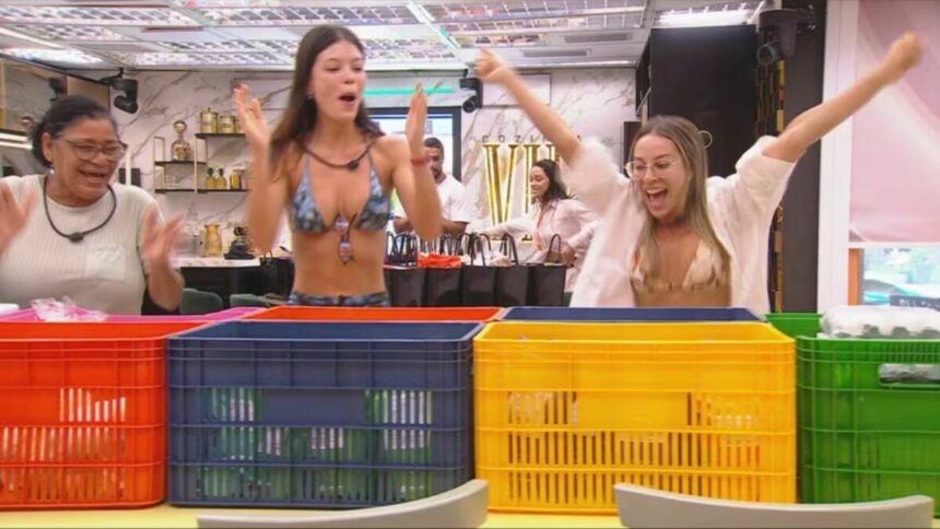 Joselma, Vitória e Renata pulando na cozinha do BBB 25