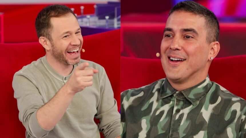 Tiago Leifert e André Marques em uma montagem no Programa Silvio Santos