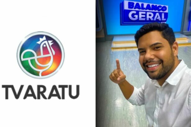 Montagem com logo da TV Aratu e Alex Silvestre apontando para o logo do Balanço Geral Bahia, no cenário da Record Bahia