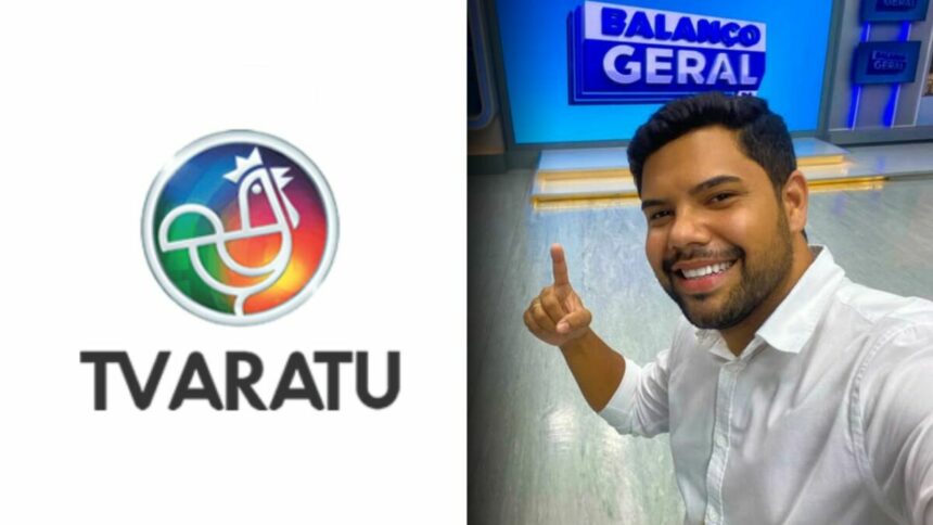 Montagem com logo da TV Aratu e Alex Silvestre apontando para o logo do Balanço Geral Bahia, no cenário da Record Bahia