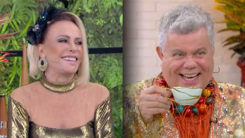 Ana Maria Braga de vestido brilhoso sorrindo olhando para o Milton Cunha segura xícara e sorrir