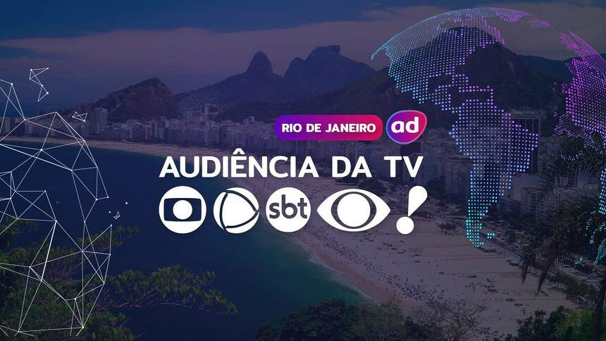 Logo das emissoras TV Globo, RECORD, SBT, Band e RedeTV! na arte dos consolidados de Audiência da TV. Ao fundo a vista aérea do Rio de Janeiro