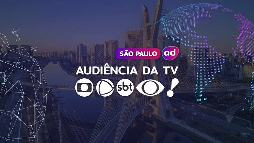 Logo das emissoras TV Globo, RECORD, SBT, Band e RedeTV! na arte dos consolidados de Audiência da TV. Ao fundo a vista aérea de São Paulo