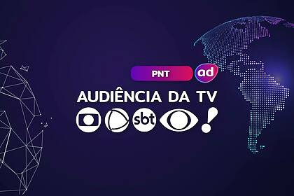 Logo das emissoras TV Globo, RECORD, SBT, Band e RedeTV! na arte dos consolidados de Audiência da TV. Ao fundo a o mapa do Brasil representando o PNT