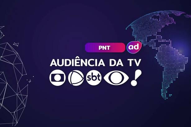 Logo das emissoras TV Globo, RECORD, SBT, Band e RedeTV! na arte dos consolidados de Audiência da TV. Ao fundo a o mapa do Brasil representando o PNT