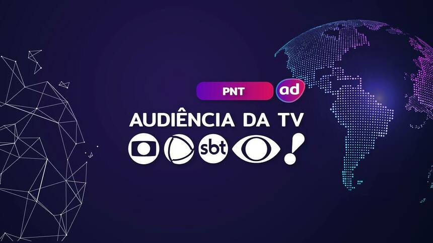 Logo das emissoras TV Globo, RECORD, SBT, Band e RedeTV! na arte dos consolidados de Audiência da TV. Ao fundo a o mapa do Brasil representando o PNT