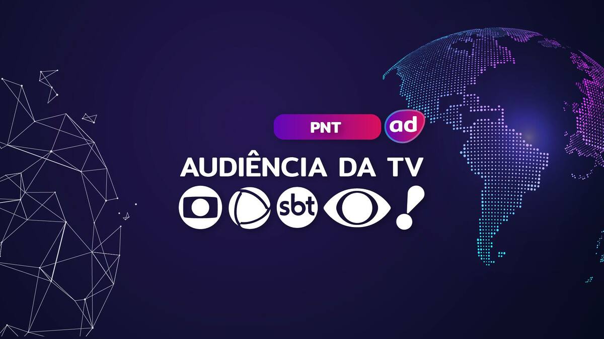 Logo das emissoras TV Globo, RECORD, SBT, Band e RedeTV! na arte dos consolidados de Audiência da TV. Ao fundo a o mapa do Brasil representando o PNT