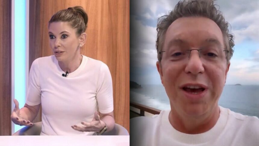 Daniela Beyruti sentada na bancada do Programa Flávio Ricco dividindo tela com Boninho, que será anunciado no SBT