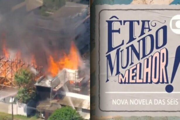 Montagem com chamas do incêndio ao lado do logo da novela Êta Mundo Melhor!