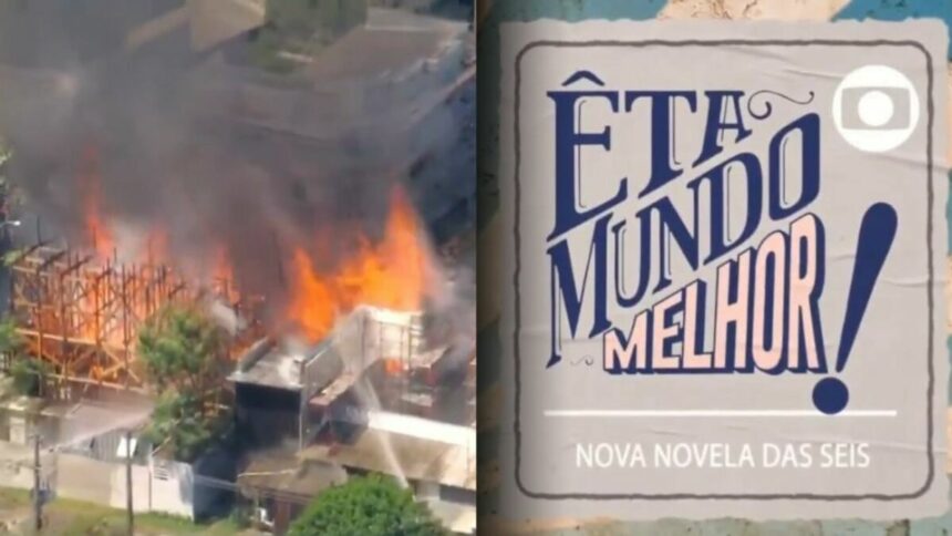 Montagem com chamas do incêndio ao lado do logo da novela Êta Mundo Melhor!