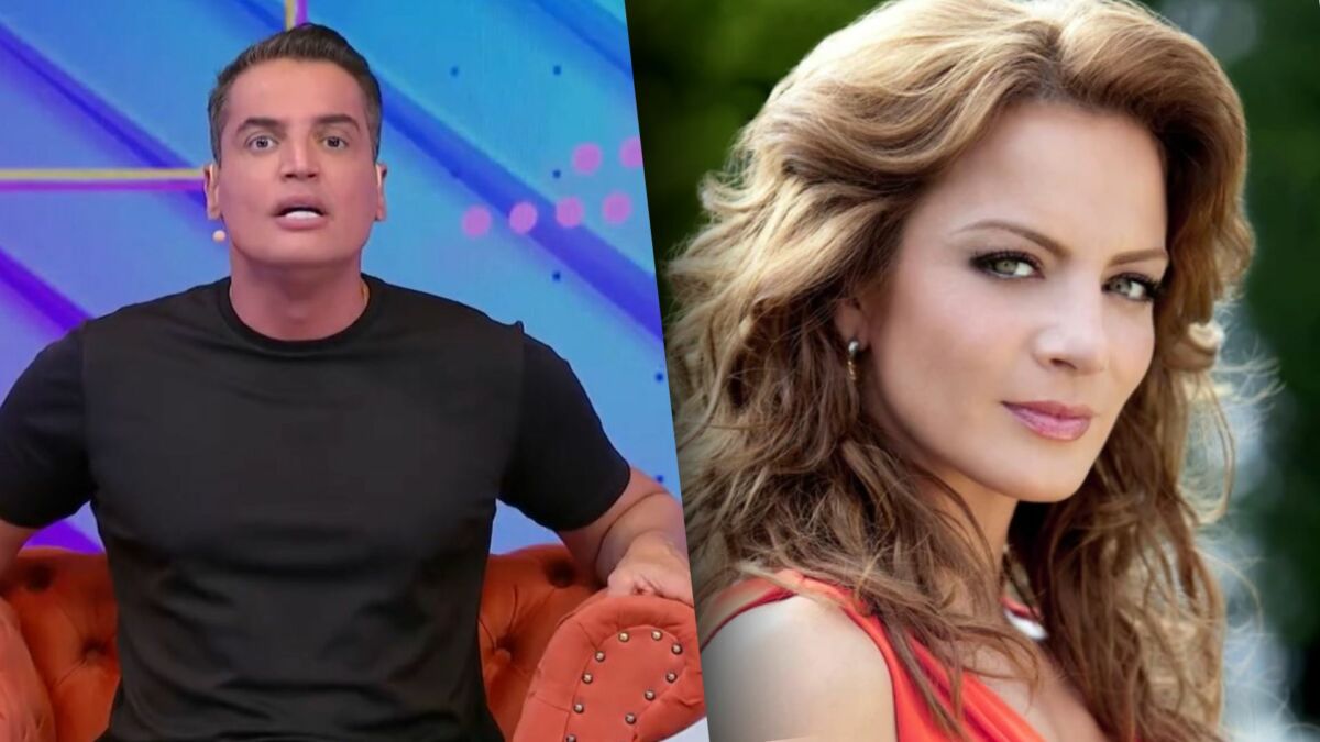 Leo Dias de camisa preta, no cenário do Fofocalizando, dividindo tela com Renata (Silvia Navarro), protagonista da novela mexicana Quando Me Apaixono