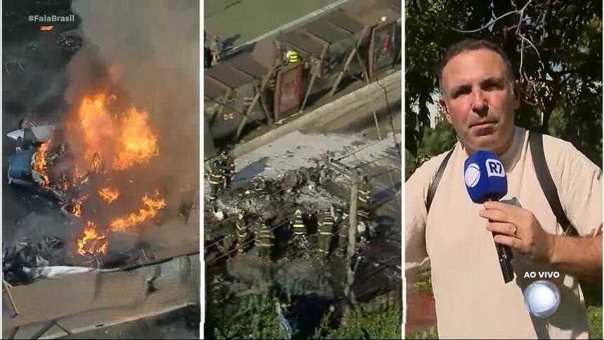 Avião pegando fogo dividindo tela com o apresentador Reinaldo Gottino que está com roupa básica e mochila nas cotas e segurando o microfone da RECORD no local do acidente