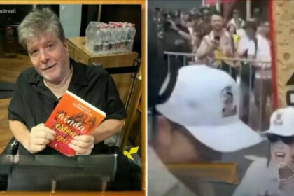 Marcelo Rubens Paiva segura o livro Ainda Estou Aqui e ao lado aparece sendo agredido em bloco de carnaval