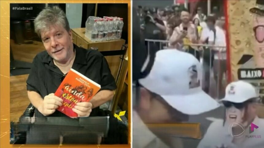 Marcelo Rubens Paiva segura o livro Ainda Estou Aqui e ao lado aparece sendo agredido em bloco de carnaval