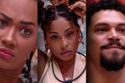 Aline, Thamiris e Vinicius sentados no sofá do BBB 25 com semblante assustado após caírem no Paredão