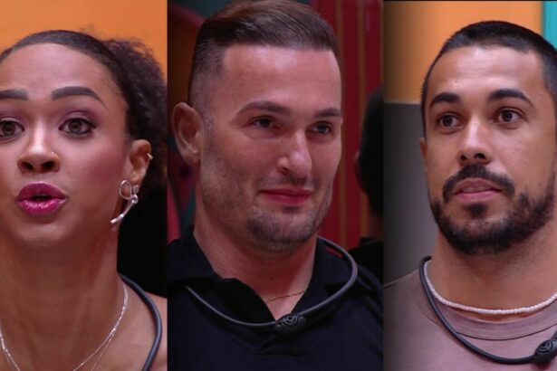 Aline, Diego Hypolito e Maike em pé, na sala do BBB 25, pedindo votos para não serem eliminados