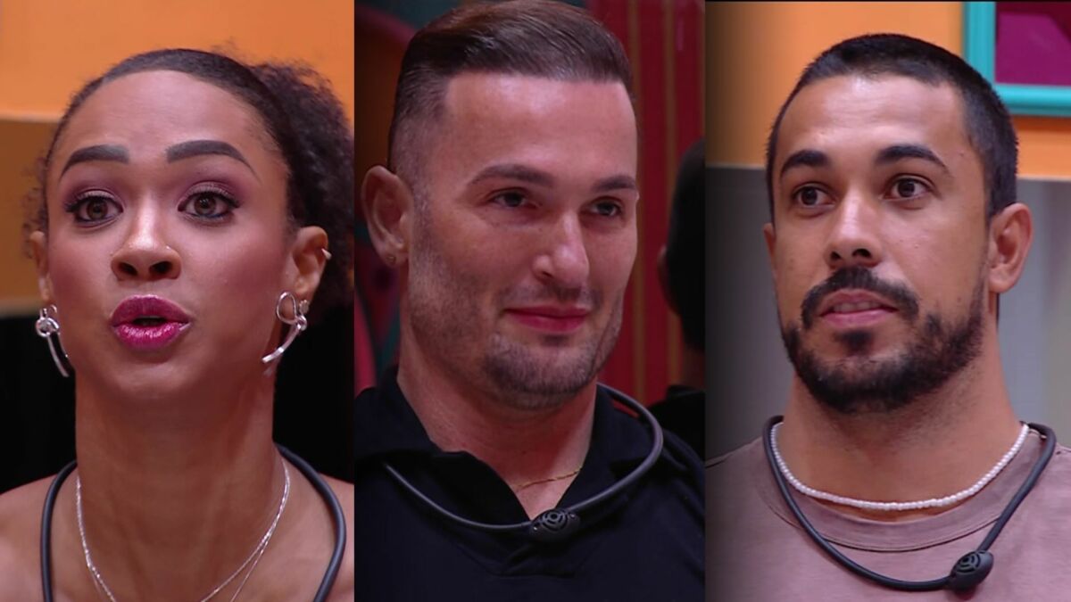 Aline, Diego Hypolito e Maike em pé, na sala do BBB 25, pedindo votos para não serem eliminados