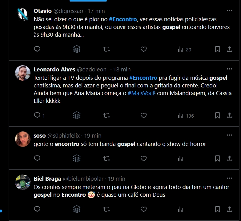 Usuários do Twitter reclamando da participação de uma cantora gospel no Encontro