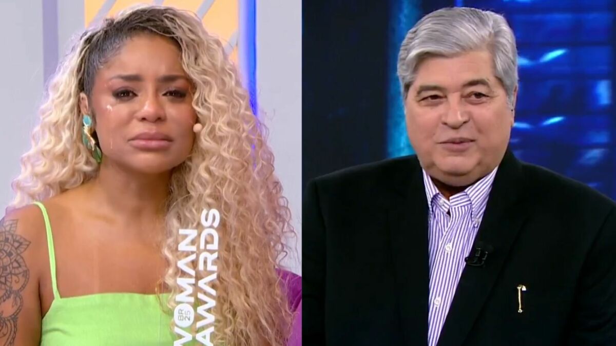 Cariúcha emocionada, em montagem com Datena no SBT