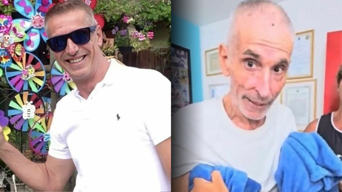 Daniel Sabbá antes do acidente com óculos escuro e sorrindo. Ator e apresentador extremamente magro após o acidente