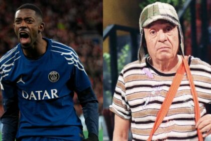 Dembele, com a camisa do PSG, e Chaves em uma montagem