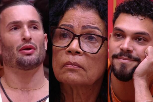 Diego Hypolito, Vilma e Vinicius em uma montagem no BBB 25