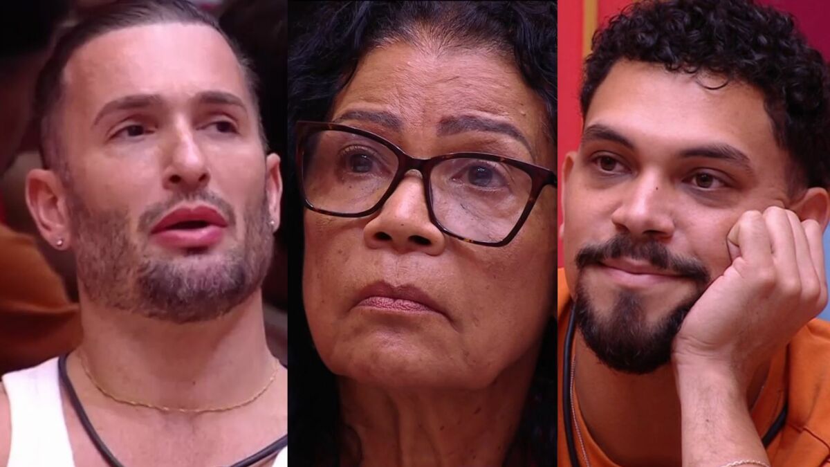Diego Hypolito, Vilma e Vinicius em uma montagem no BBB 25