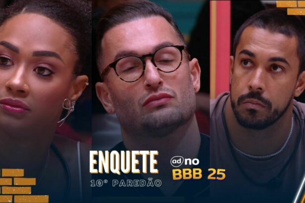 Aline, Diego e Maike na arte da enquete do BBB 25 sobre o 10º Paredão