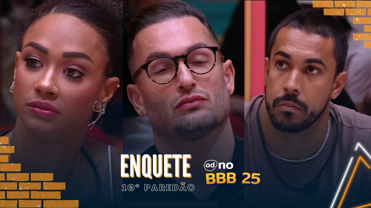 Aline, Diego e Maike na arte da enquete do BBB 25 sobre o 10º Paredão