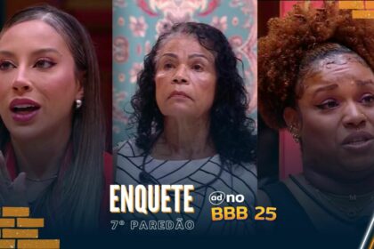 Renata, Vilma e Camilla com semblantes sérios na arte da enquete do 7º Paredão do BBB 25