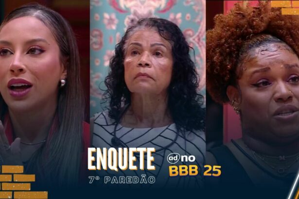 Renata, Vilma e Camilla com semblantes sérios na arte da enquete do 7º Paredão do BBB 25