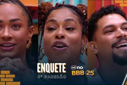 Aline, Thamiris e Vinicius com semblantes sorridentes na arte da enquete do 8º Paredão do BBB 25