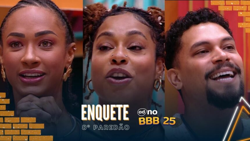 Aline, Thamiris e Vinicius com semblantes sorridentes na arte da enquete do 8º Paredão do BBB 25