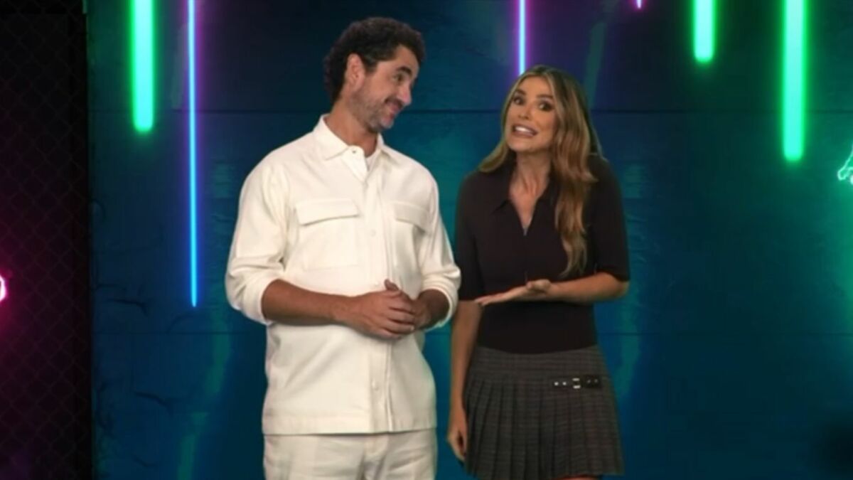 Felipe Andreoli e Rafa Brites nos bastidores de divulgação do Power Couple Brasil