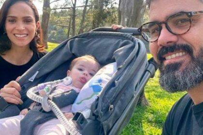 Letícia Cazarré, Maria Guilhermina e Juliano Cazarré em foto posada juntos