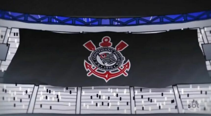 Logo do Corinthians no bandeirão na arquibancada, em trecho da chamada do SBT