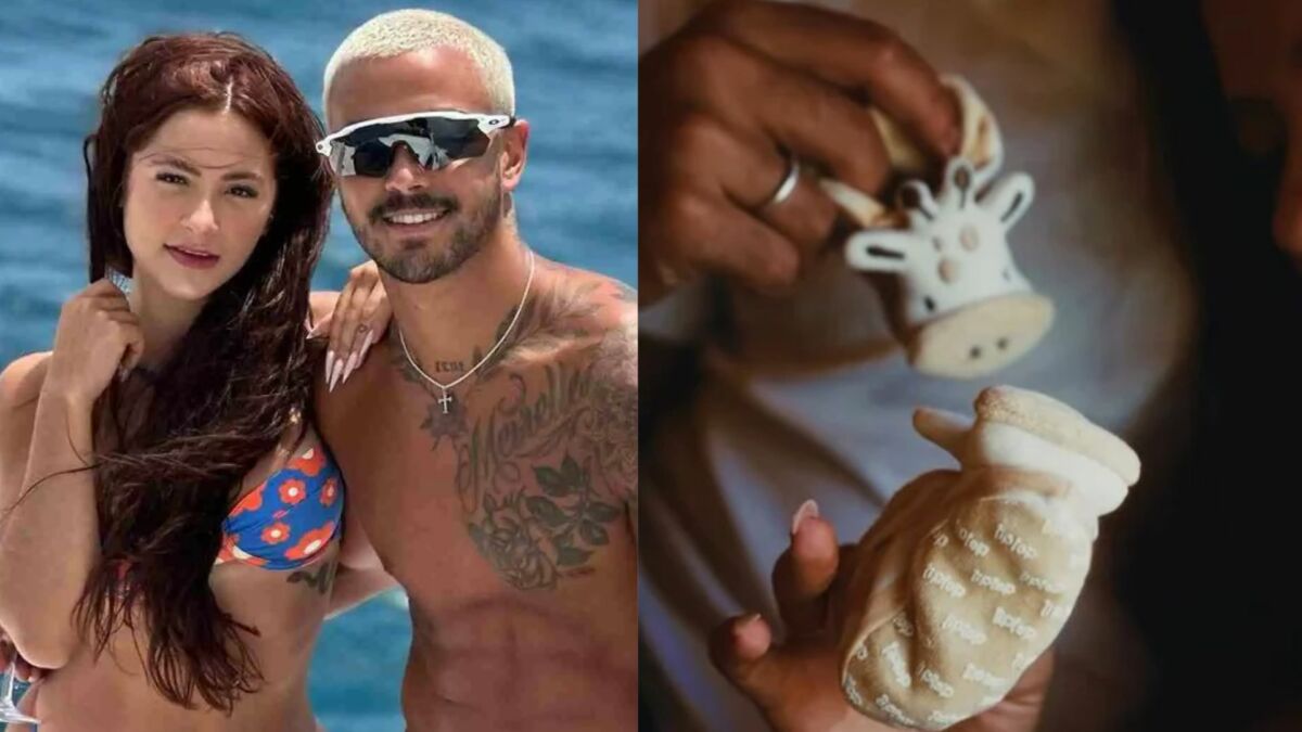 Nathalia Valente e Yuri Meirelles em uma montagem com os dois mostrando os sapatinho de bebê