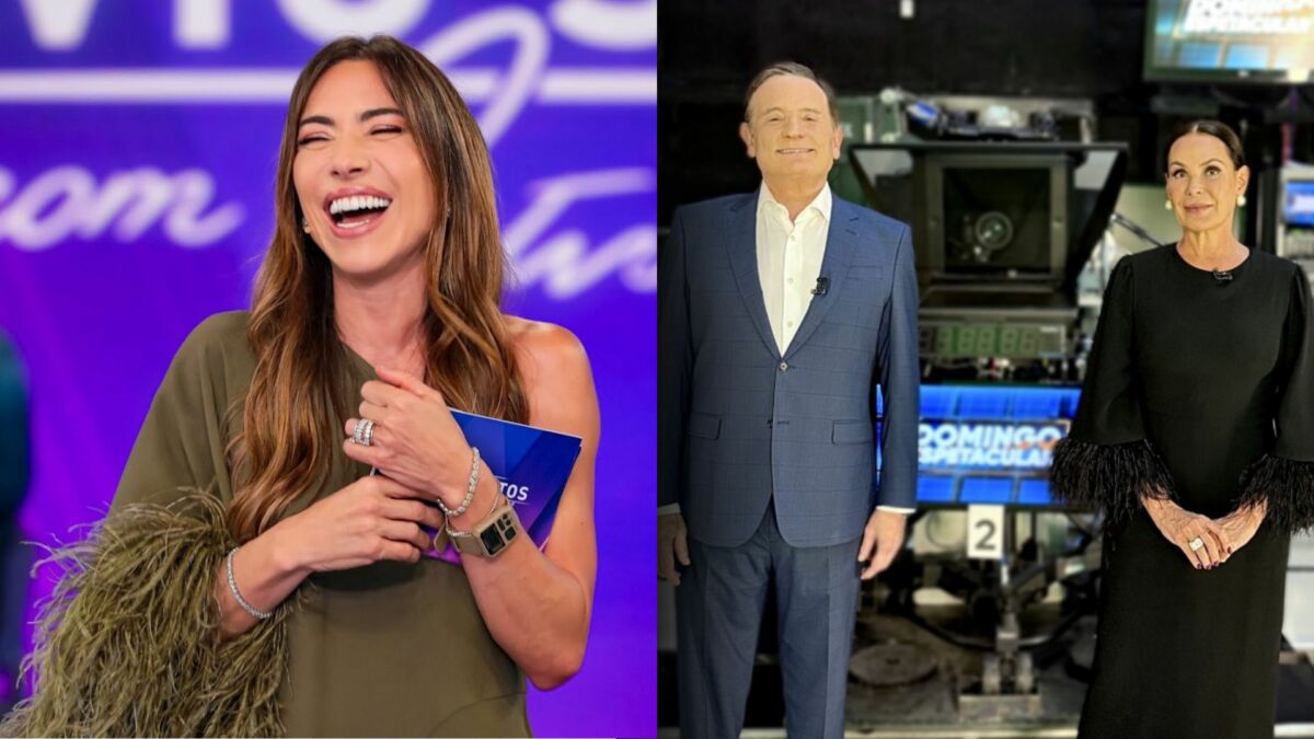 Patricia Abravanel de vestido verde no palco do Programa Silvio Santos, Roberto Cabrini e Carolina Ferraz em pé no cenário do Domingo Espetacular