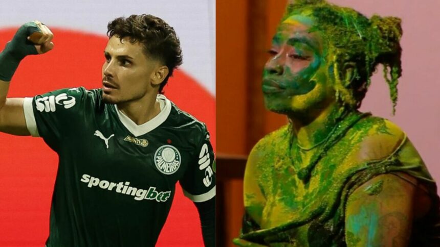 Raphael Veiga, jogador do Palmeiras, e Thamiris, no BBB 25, em uma montagem