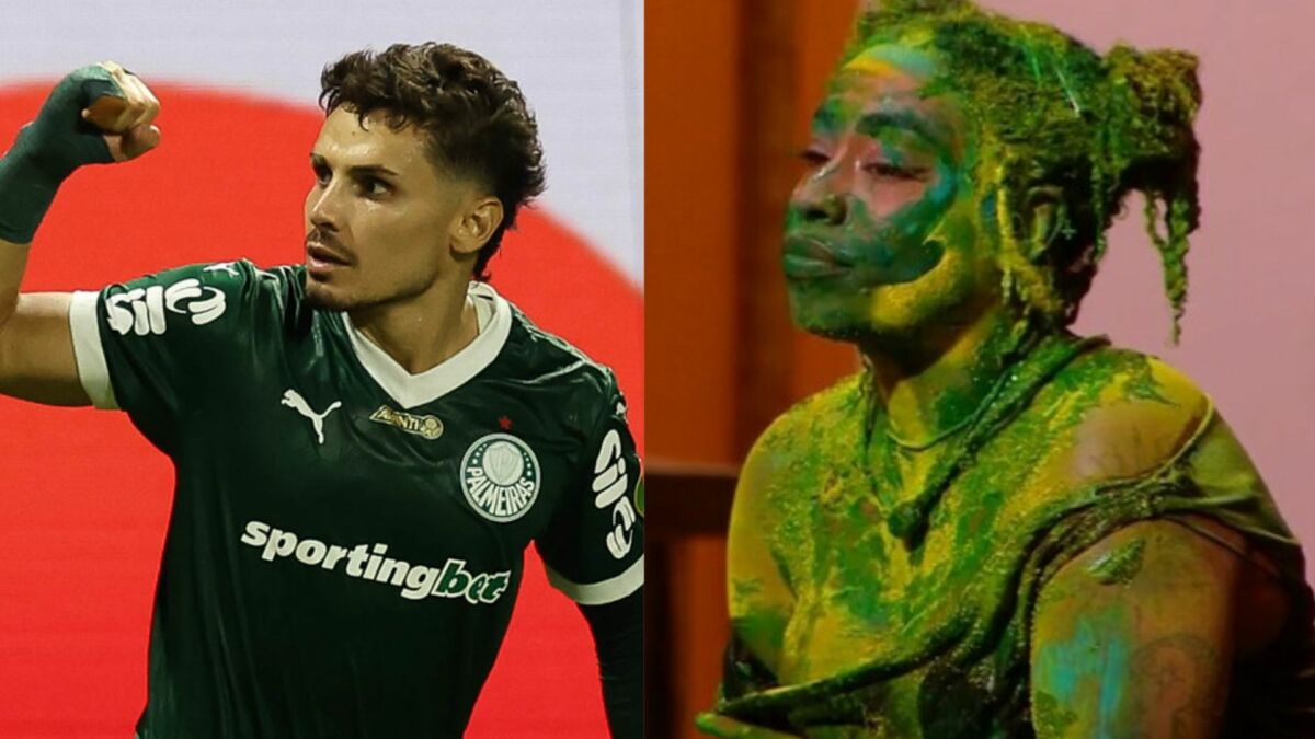 Raphael Veiga, jogador do Palmeiras, e Thamiris, no BBB 25, em uma montagem