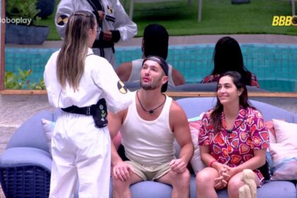 Renata, Diego e Daniele Hypolito em conversa na área externa do BBB 25