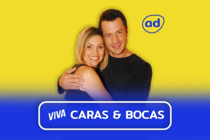 Protagonistas de Caras & Bocas sorridentes na arte do resumo da novela no Viva