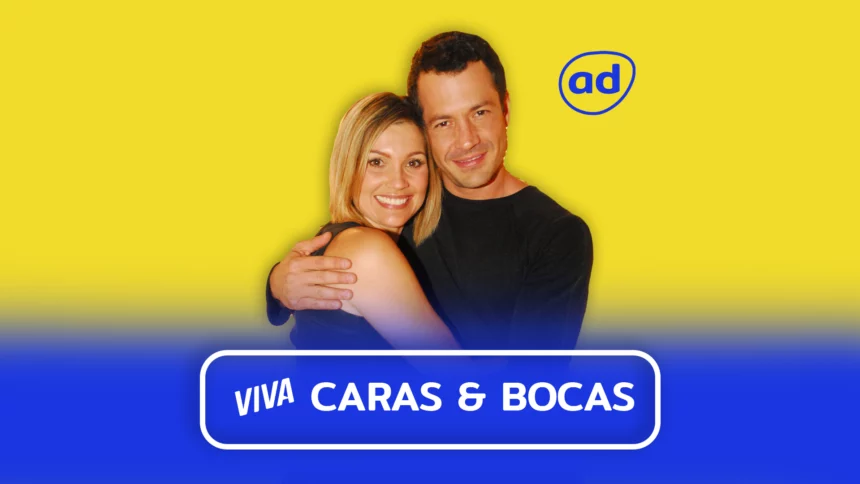 Protagonistas de Caras & Bocas sorridentes na arte do resumo da novela no Viva