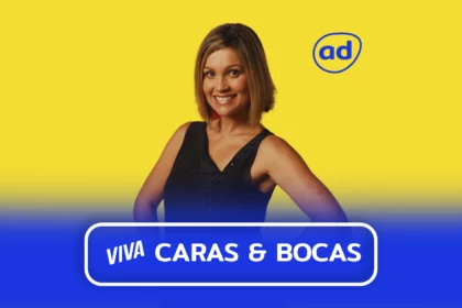 Protagonista de Caras & Bocas sorridente na arte do resumo da novela no Viva