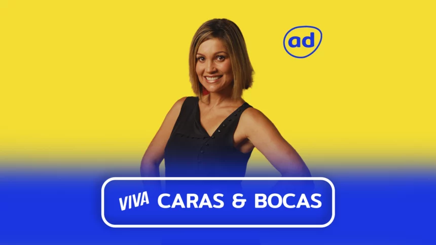 Protagonista de Caras & Bocas sorridente na arte do resumo da novela no Viva