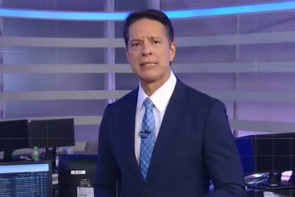 Sergio Aguiar em pé, em trecho da escalada do Jornal da Record